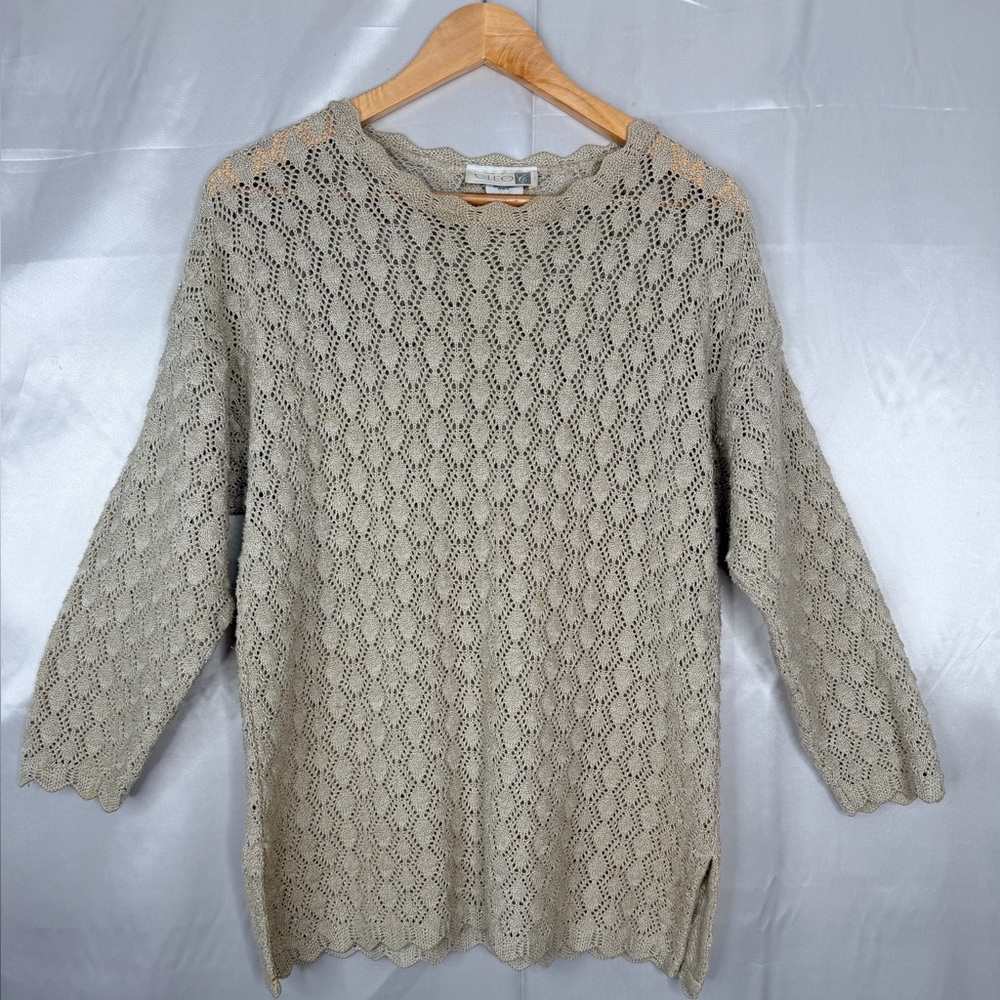 Cleo Open‎ Knit Sweater Size Medium Beige Cotton Blend Made in Canada